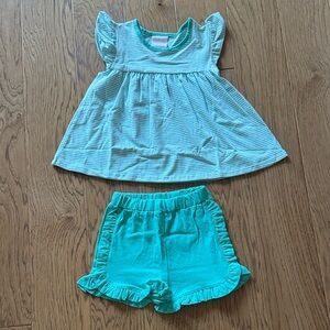 Stitchy Fish Mint to Be Ruffle Short Set, Green Stripe